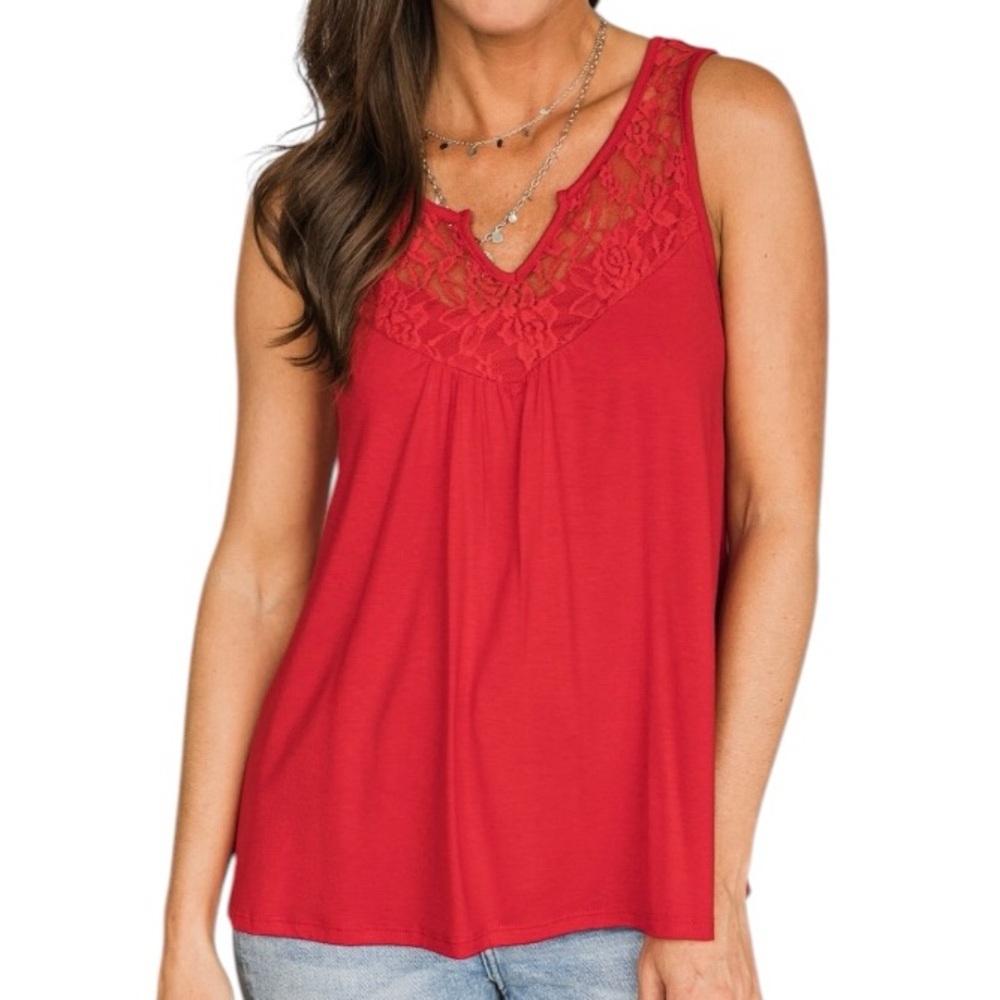 P.S. Love Lace-Inset Tank Top - Size L, Red